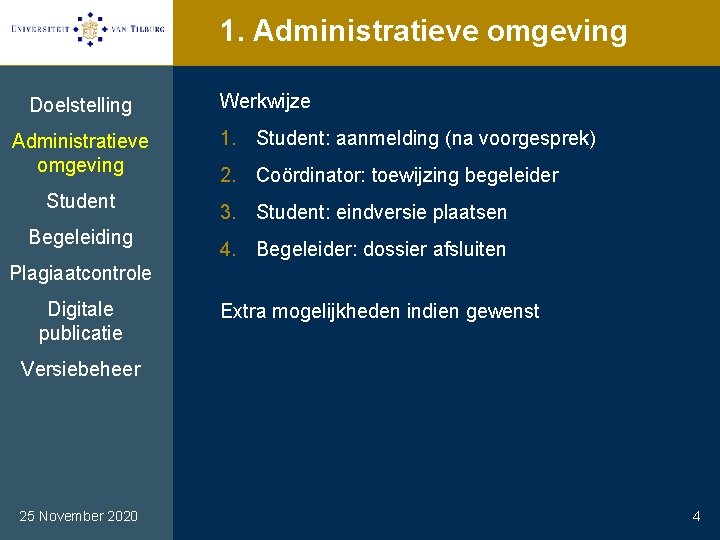 1. Administratieve omgeving Doelstelling Administratieve omgeving Student Begeleiding Werkwijze 1. Student: aanmelding (na voorgesprek)