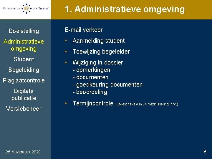 1. Administratieve omgeving Doelstelling Administratieve omgeving Student Begeleiding Plagiaatcontrole Digitale publicatie Versiebeheer 25 November