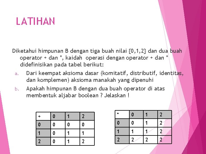 LATIHAN Diketahui himpunan B dengan tiga buah nilai {0, 1, 2} dan dua buah
