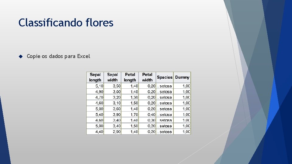 Classificando flores Copie os dados para Excel 
