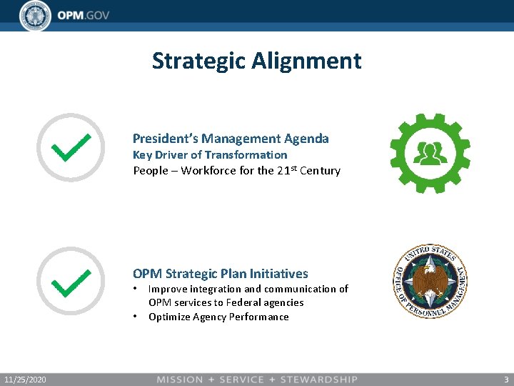 Strategic Alignment President’s Management Agenda Key Driver of Transformation People – Workforce for the