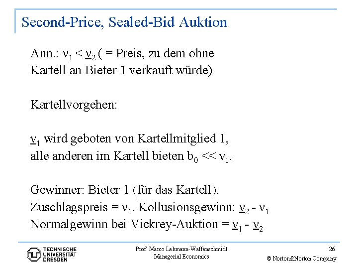 Second-Price, Sealed-Bid Auktion Ann. : ν 1 < ν 2 ( = Preis, zu