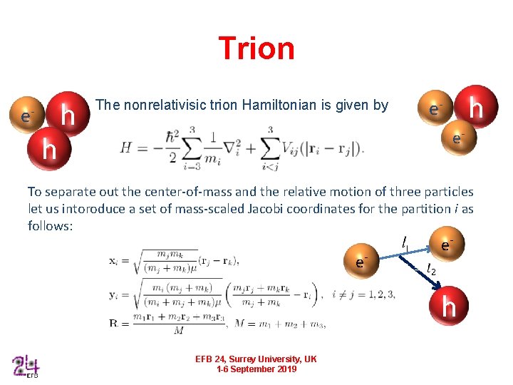 Trion e- h h e- The nonrelativisic trion Hamiltonian is given by e- h