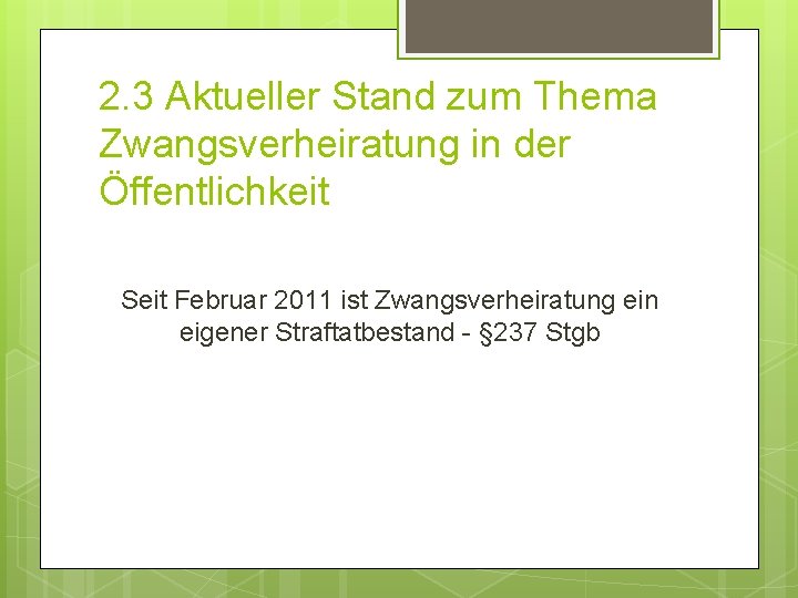 2. 3 Aktueller Stand zum Thema Zwangsverheiratung in der Öffentlichkeit Seit Februar 2011 ist