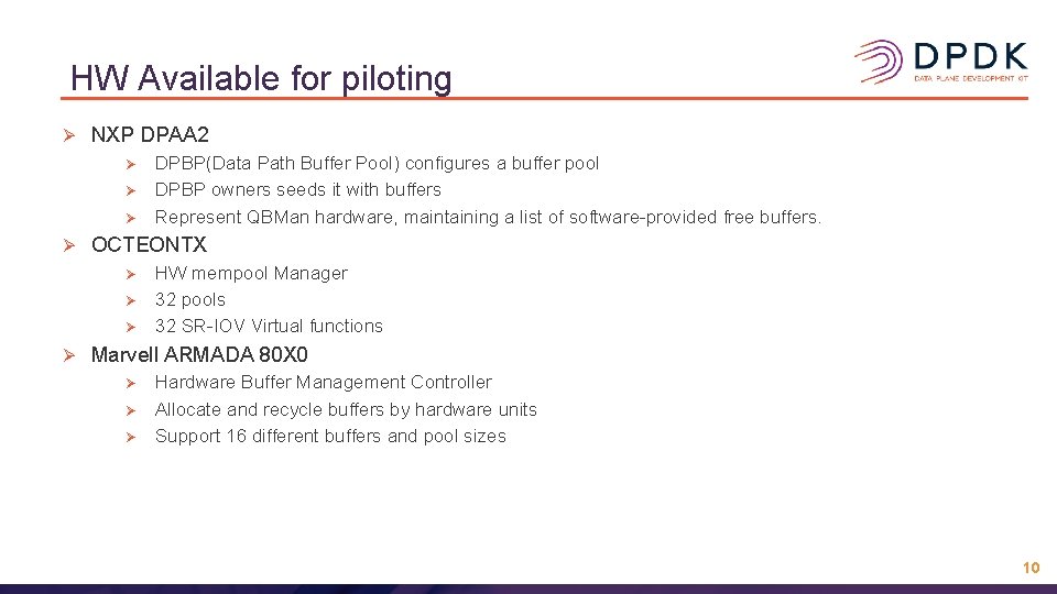 HW Available for piloting Ø NXP DPAA 2 Ø Ø OCTEONTX Ø Ø DPBP(Data