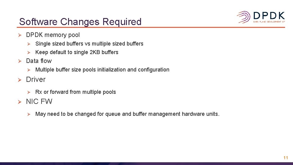 Software Changes Required Ø Ø DPDK memory pool Ø Single sized buffers vs multiple