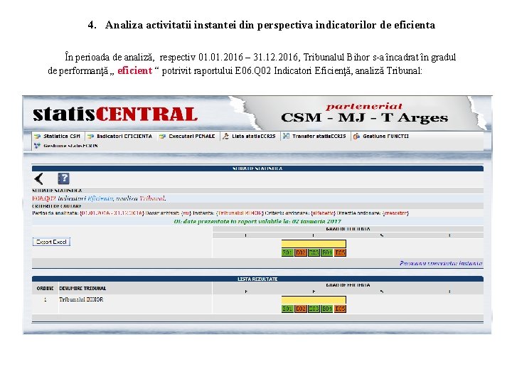 4. Analiza activitatii instantei din perspectiva indicatorilor de eficienta În perioada de analiză, respectiv