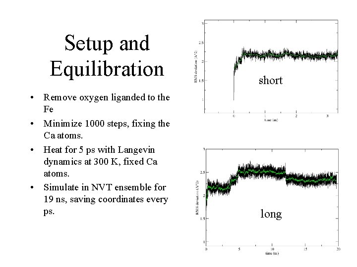 Setup and Equilibration • Remove oxygen liganded to the Fe • Minimize 1000 steps,