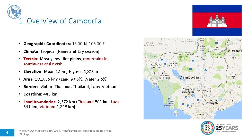 1. Overview of Cambodia • Geographic Coordinates: 13 00 N, 105 00 E •