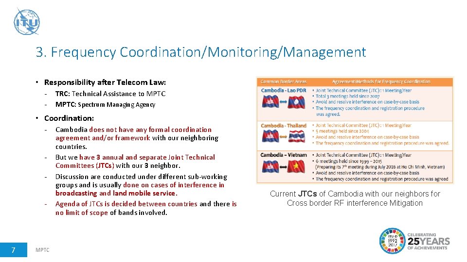 3. Frequency Coordination/Monitoring/Management • Responsibility after Telecom Law: - TRC: Technical Assistance to MPTC: