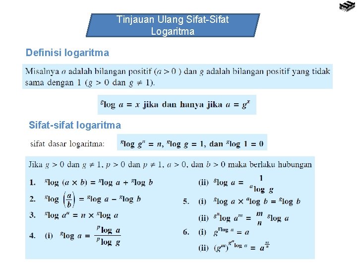 Tinjauan Ulang Sifat-Sifat Logaritma Definisi logaritma Sifat-sifat logaritma 