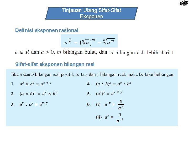 Tinjauan Ulang Sifat-Sifat Eksponen Definisi eksponen rasional Sifat-sifat eksponen bilangan real 