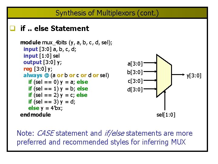 Synthesis of Multiplexors (cont. ) q if. . else Statement module mux_4 bits (y, Synthesis of Multiplexors (cont. ) q if. . else Statement module mux_4 bits (y,