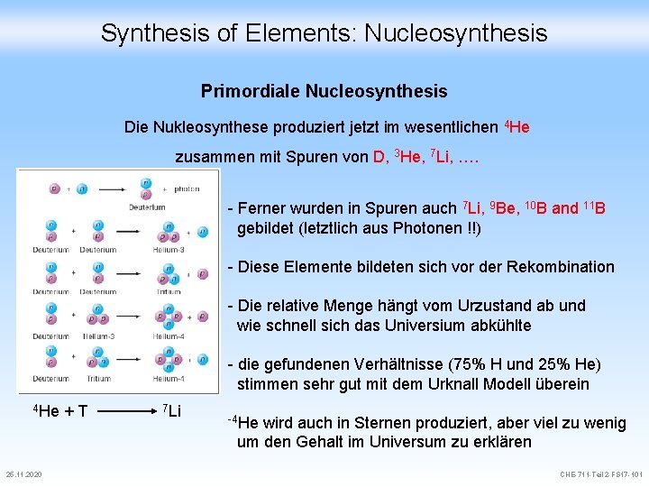 Synthesis of Elements: Nucleosynthesis Primordiale Nucleosynthesis Die Nukleosynthese produziert jetzt im wesentlichen 4 He