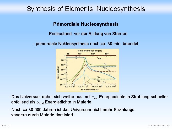 Synthesis of Elements: Nucleosynthesis Primordiale Nucleosynthesis Endzustand, vor der Bildung von Sternen - primordiale