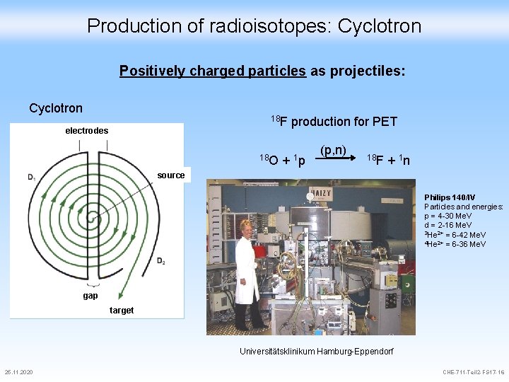 Production of radioisotopes: Cyclotron Positively charged particles as projectiles: Cyclotron 18 F production for