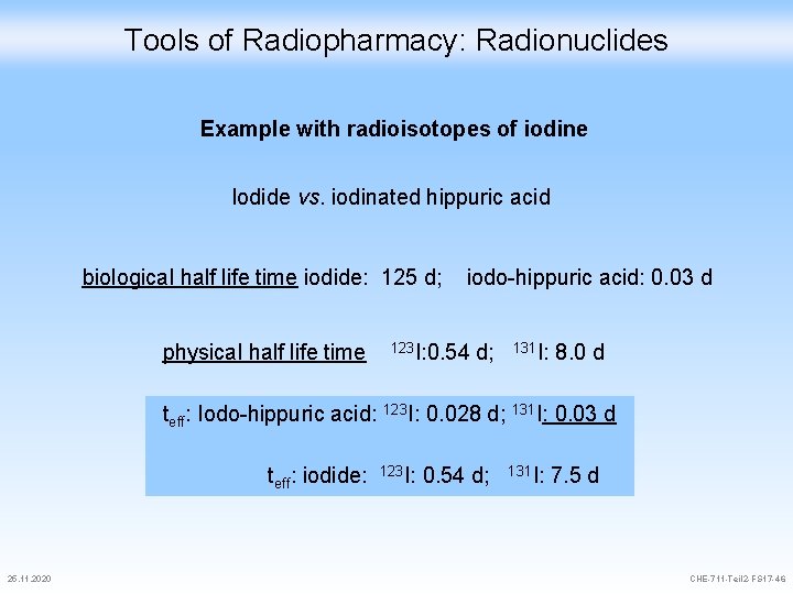 Tools of Radiopharmacy: Radionuclides Example with radioisotopes of iodine Iodide vs. iodinated hippuric acid