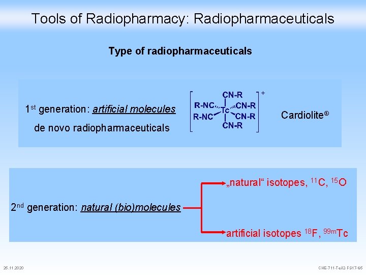 Tools of Radiopharmacy: Radiopharmaceuticals Type of radiopharmaceuticals 1 st generation: artificial molecules Cardiolite® de