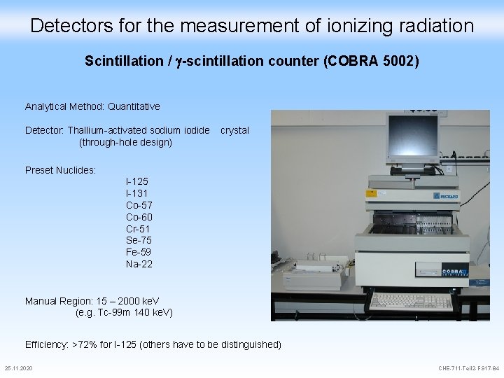 Detectors for the measurement of ionizing radiation Scintillation / g-scintillation counter (COBRA 5002) Analytical