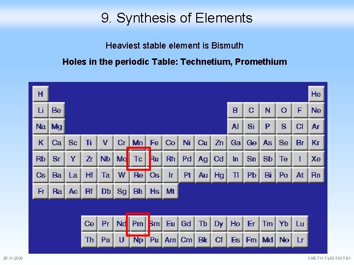 9. Synthesis of Elements Heaviest stable element is Bismuth Holes in the periodic Table: