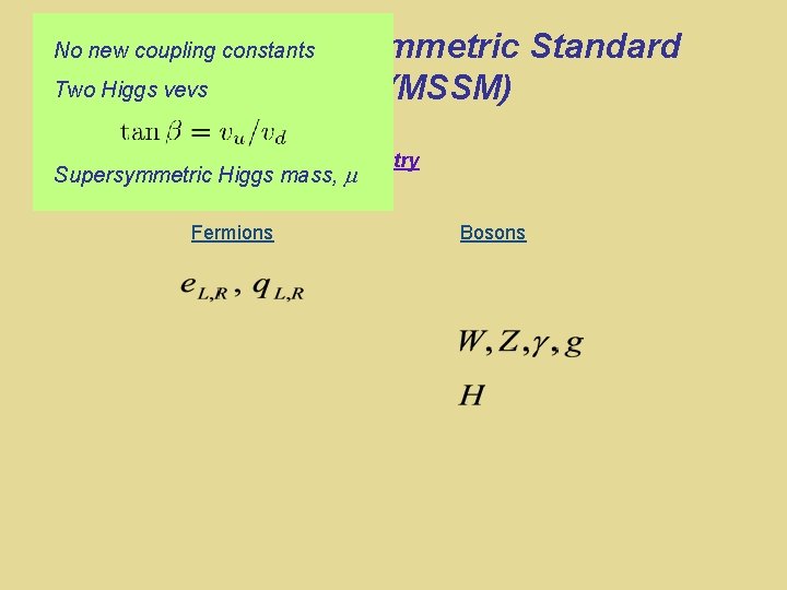 Minimal Supersymmetric Standard Two Higgs vevs Model (MSSM) No new coupling constants Supersymmetry Supersymmetric