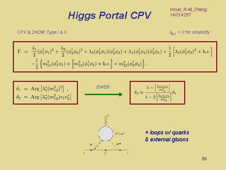 Higgs Portal CPV Inoue, R-M, Zhang: 1403. 4257 6, 7 = 0 for simplicity
