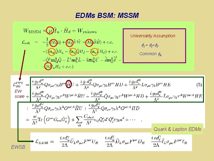 EDMs BSM: MSSM Universality = arg (Assumption M b*) j j A = arg