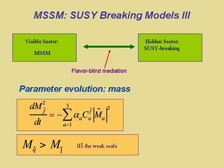 MSSM: SUSY Breaking Models III Visible Sector: Hidden Sector: SUSY-breaking MSSM Flavor-blind mediation Parameter