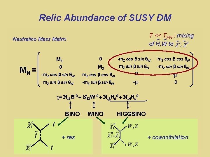 Relic Abundance of SUSY DM T << TEW : mixing ~ ~ ~0 of