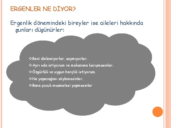 ERGENLER NE DİYOR? Ergenlik dönemindeki bireyler ise aileleri hakkında şunları düşünürler: v. Beni dinlemiyorlar,