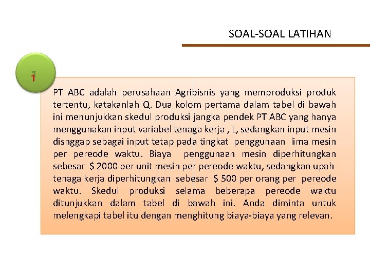 SOAL-SOAL LATIHAN 1 PT ABC adalah perusahaan Agribisnis yang memproduksi produk tertentu, katakanlah Q.