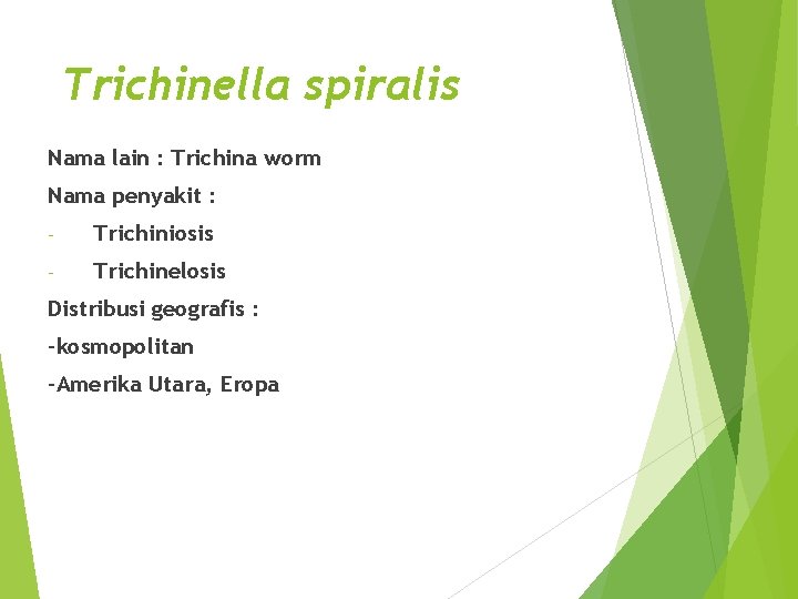 Trichinella spiralis Nama lain : Trichina worm Nama penyakit : - Trichiniosis - Trichinelosis