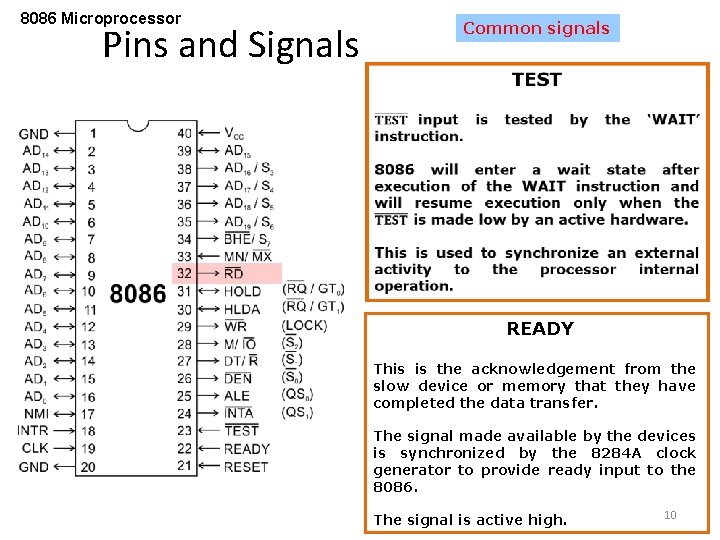 8086 Microprocessor Pins and Signals Common signals READY This is the acknowledgement from the