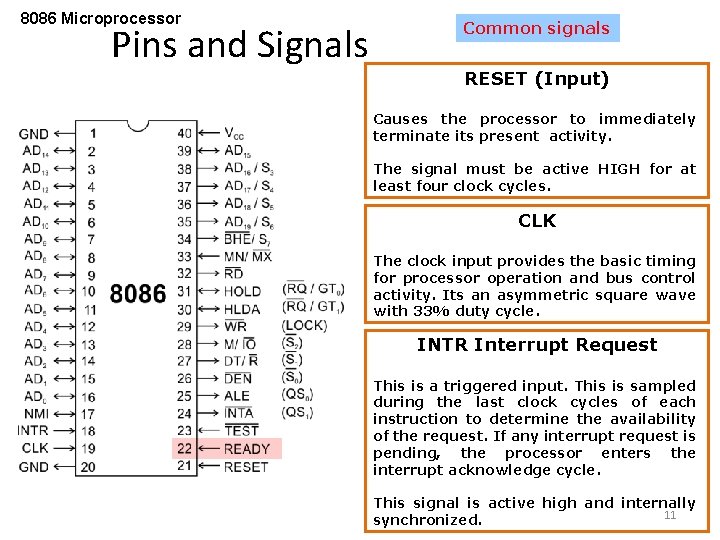 8086 Microprocessor Pins and Signals Common signals RESET (Input) Causes the processor to immediately
