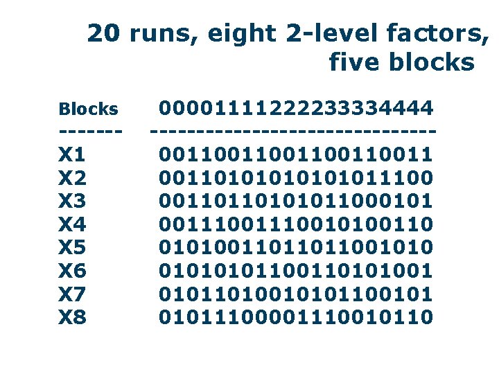 20 runs, eight 2 -level factors, five blocks Blocks ------X 1 X 2 X