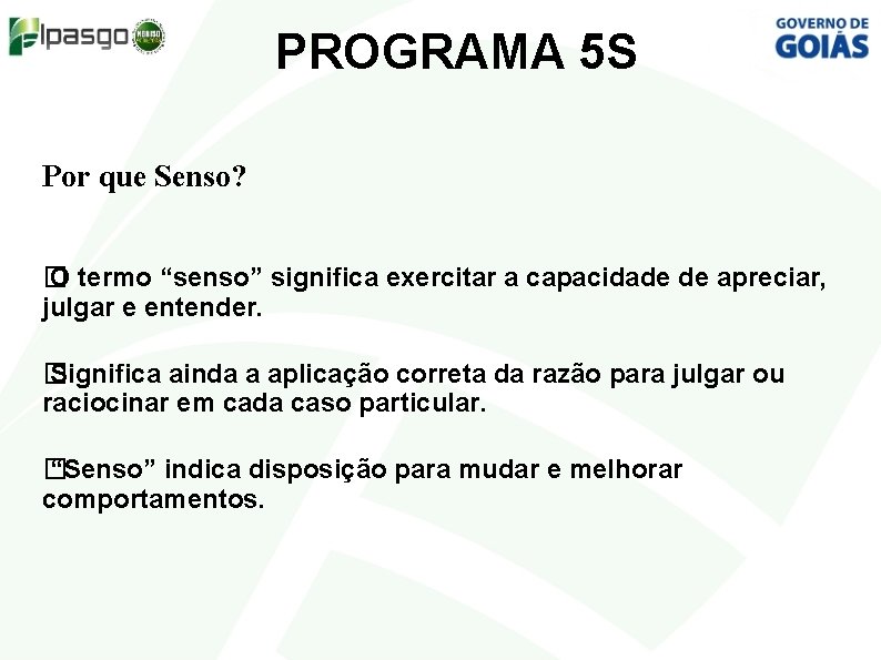 PROGRAMA 5 S Por que Senso? � O termo “senso” significa exercitar a capacidade