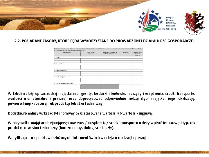 2. 2. POSIADANE ZASOBY, KTÓRE BĘDĄ WYKORZYSTANE DO PROWADZONEJ DZIAŁALNOŚĆ GOSPODARCZEJ W tabeli należy