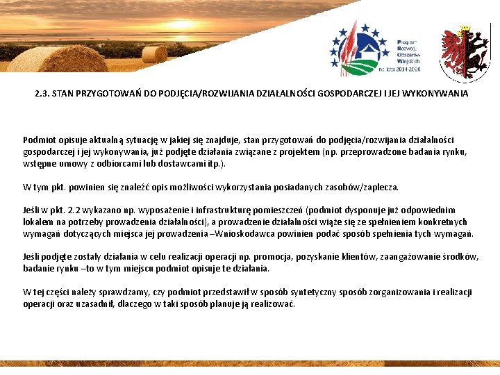 2. 3. STAN PRZYGOTOWAŃ DO PODJĘCIA/ROZWIJANIA DZIAŁALNOŚCI GOSPODARCZEJ I JEJ WYKONYWANIA Podmiot opisuje aktualną