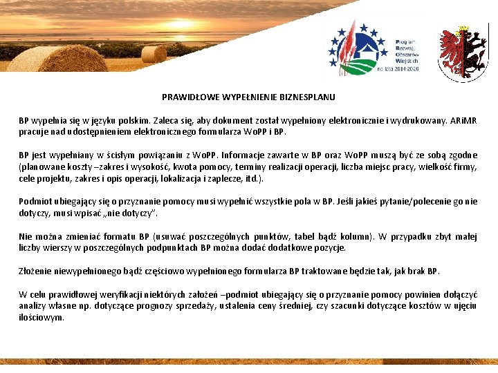 PRAWIDŁOWE WYPEŁNIENIE BIZNESPLANU BP wypełnia się w języku polskim. Zaleca się, aby dokument został