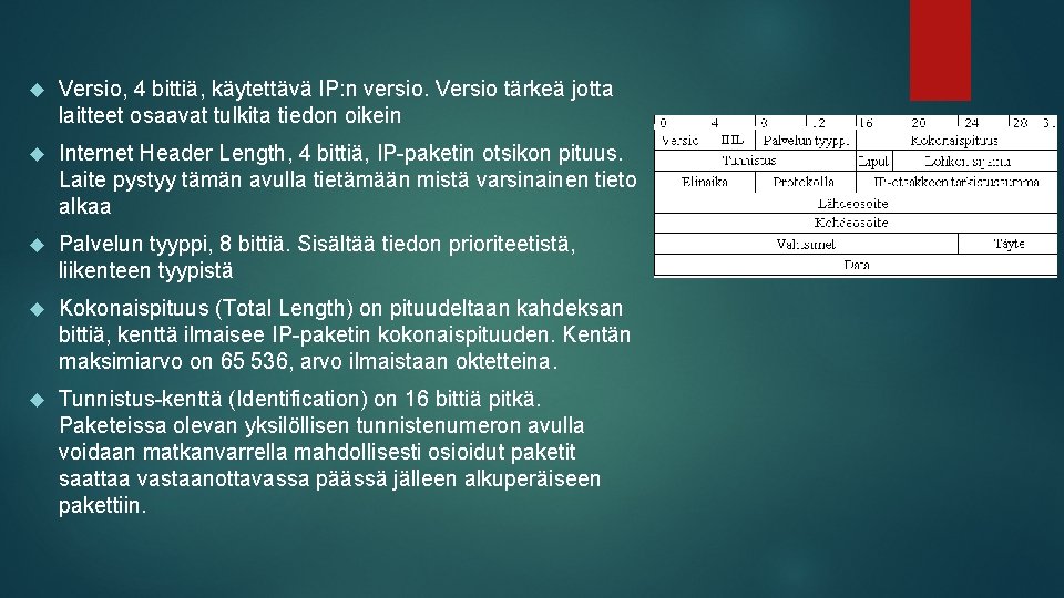  Versio, 4 bittiä, käytettävä IP: n versio. Versio tärkeä jotta laitteet osaavat tulkita