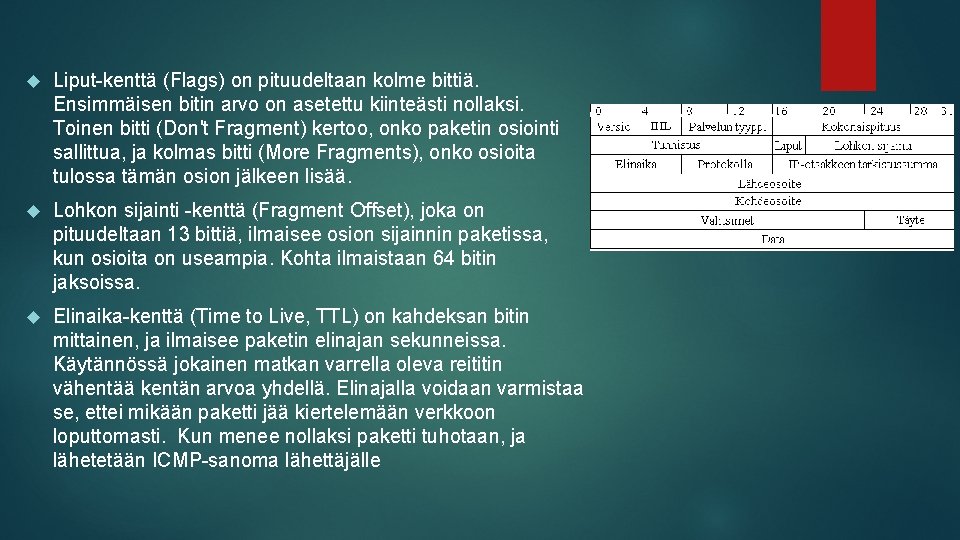  Liput-kenttä (Flags) on pituudeltaan kolme bittiä. Ensimmäisen bitin arvo on asetettu kiinteästi nollaksi.