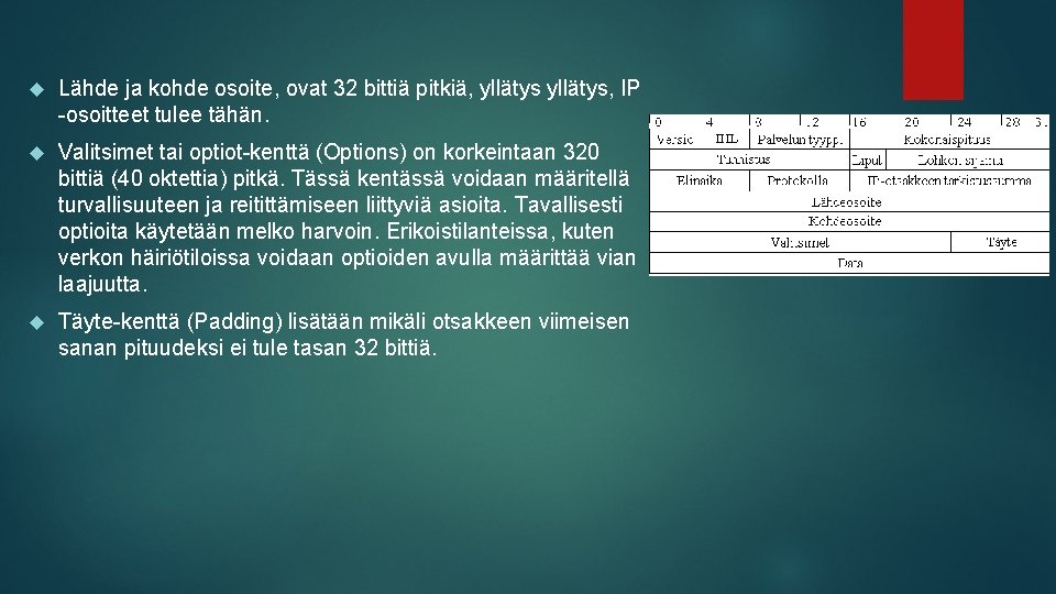  Lähde ja kohde osoite, ovat 32 bittiä pitkiä, yllätys, IP -osoitteet tulee tähän.