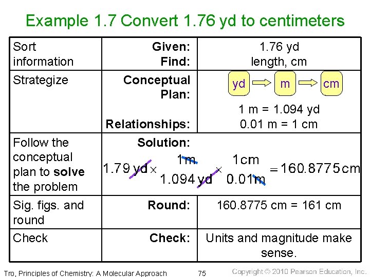Example 1. 7 Convert 1. 76 yd to centimeters Sort information Strategize Follow the