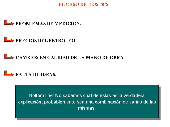 EL CASO DE LOS 70’S PROBLEMAS DE MEDICION. PRECIOS DEL PETROLEO CAMBIOS EN CALIDAD