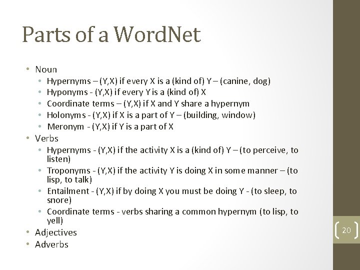 Parts of a Word. Net • Noun • Hypernyms – (Y, X) if every