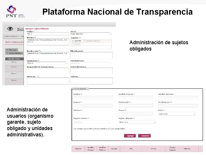 Plataforma Nacional de Transparencia Administración de sujetos obligados Administración de usuarios (organismo garante, sujeto