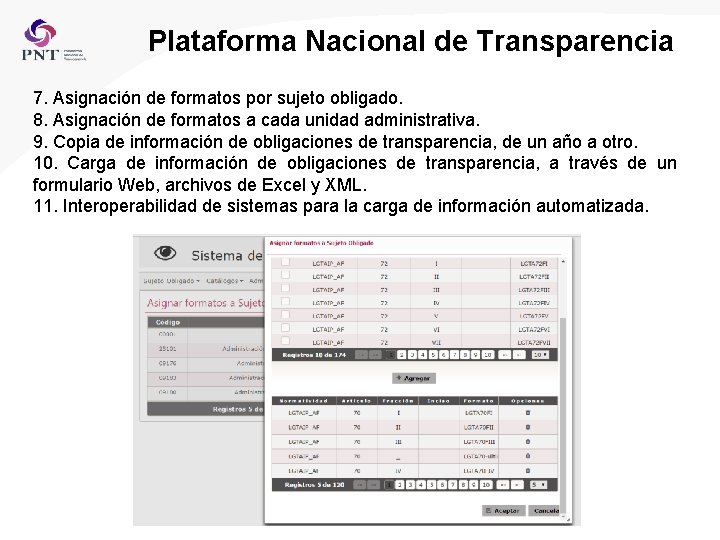 Plataforma Nacional de Transparencia 7. Asignación de formatos por sujeto obligado. 8. Asignación de