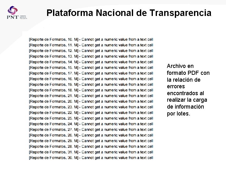 Plataforma Nacional de Transparencia Archivo en formato PDF con la relación de errores encontrados