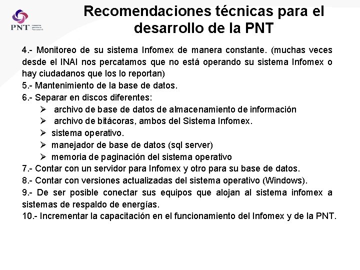 Recomendaciones técnicas para el desarrollo de la PNT 4. - Monitoreo de su sistema