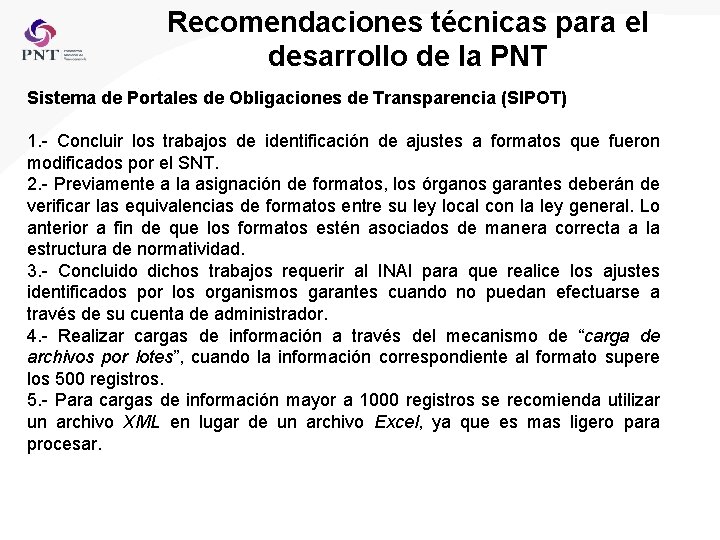 Recomendaciones técnicas para el desarrollo de la PNT Sistema de Portales de Obligaciones de